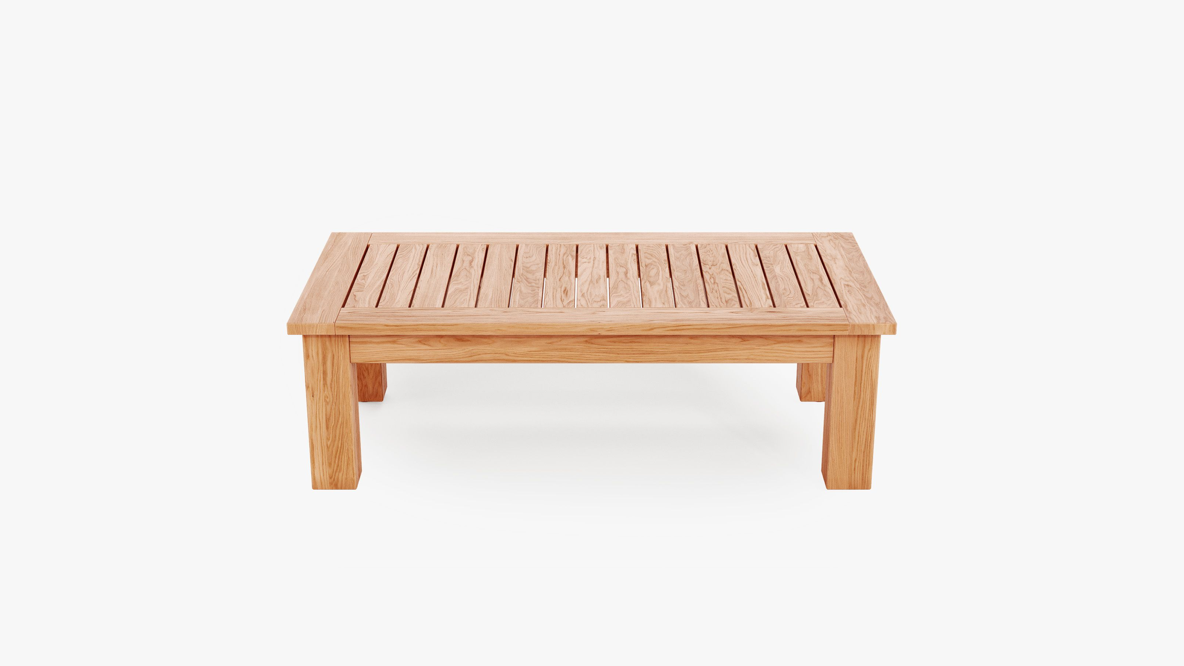 FSC Certified grade-A teak outdoor coffee table with square legs, front. #size_medium